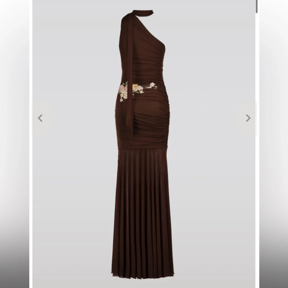 Anthropologie SAEMDI chocolate brown embroidered floral w neck scarf maxi large - Picture 7 of 16